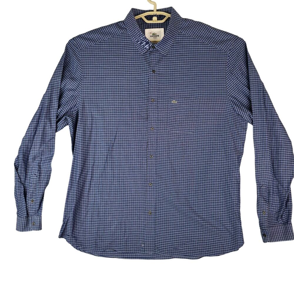 Lacoste Shirt Mens 45 Plaid Blue Slim Fit 100% Cotton Long Sleeve
